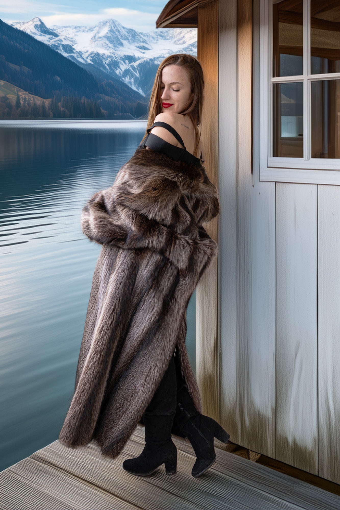 Raccoon fur double-breasted coat with notched lapels and silver button closure