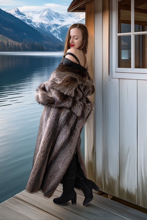 Raccoon fur double-breasted coat with notched lapels and silver button closure