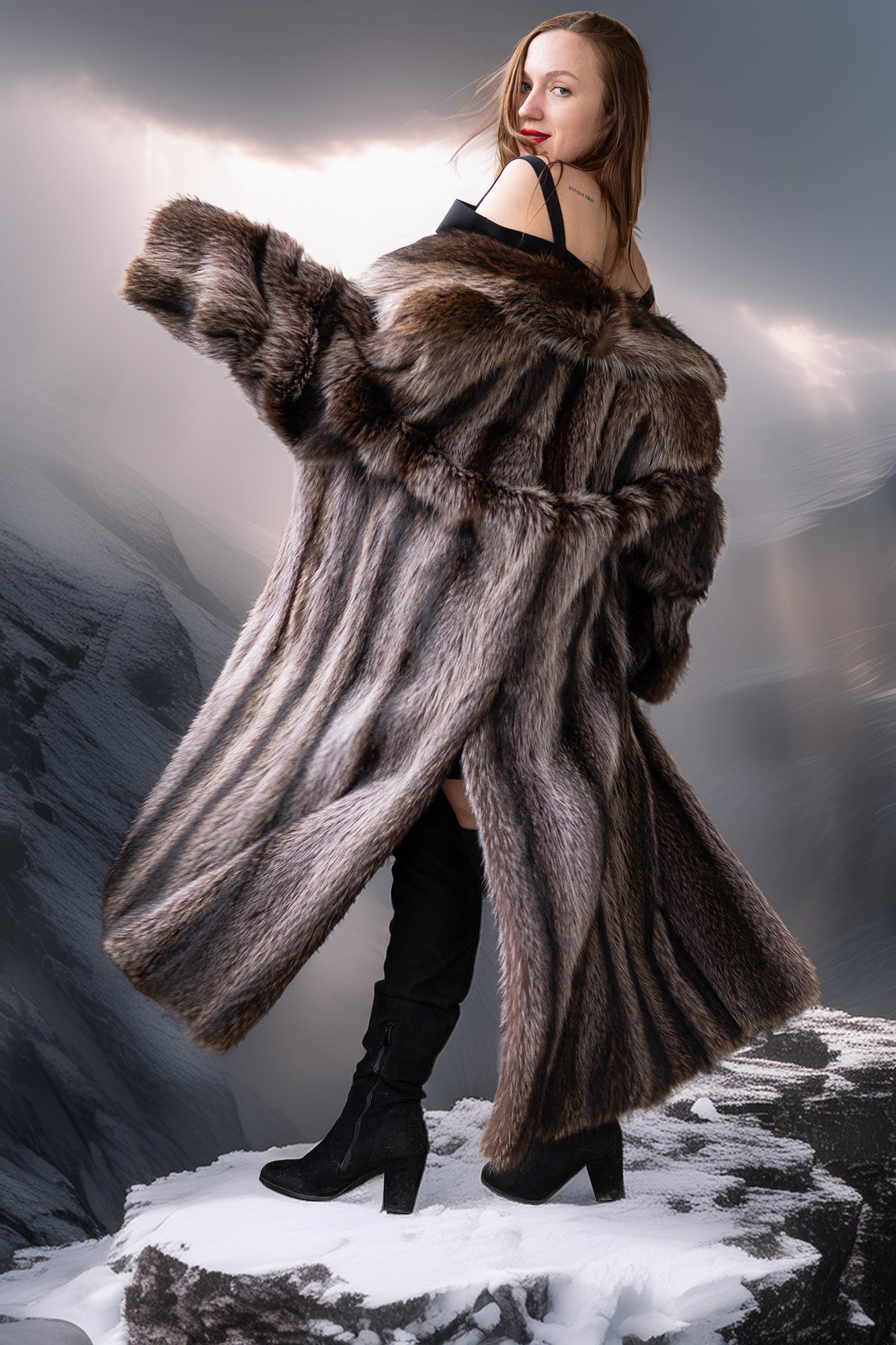 Men’s raccoon fur coat, double-breasted, wide collar, open front, dark gray-brown