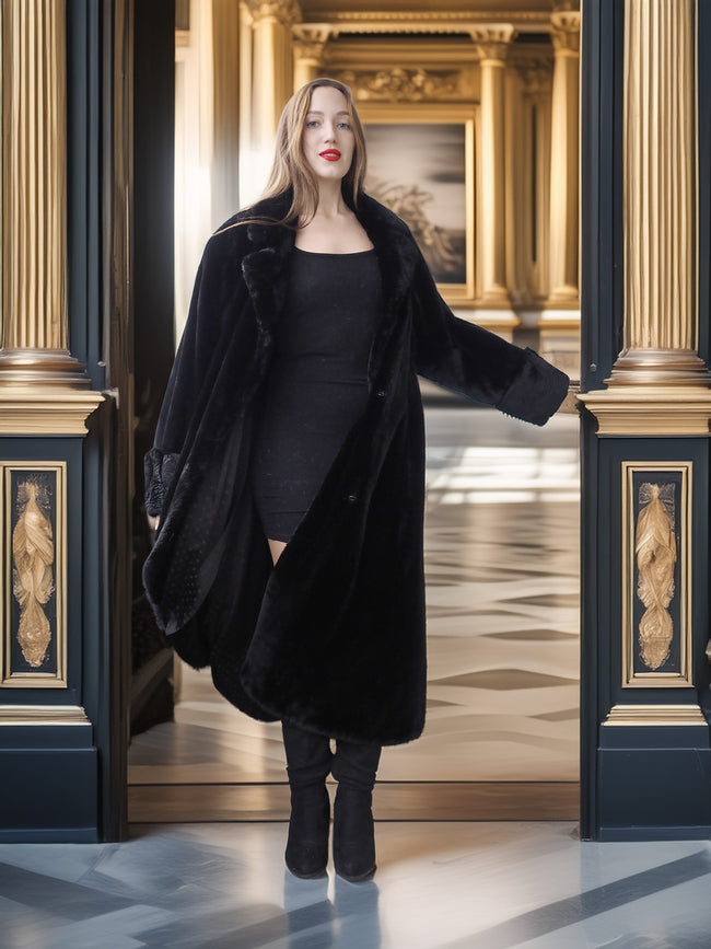 Woman in a black coat standing in an elegant interior setting with gold accents.