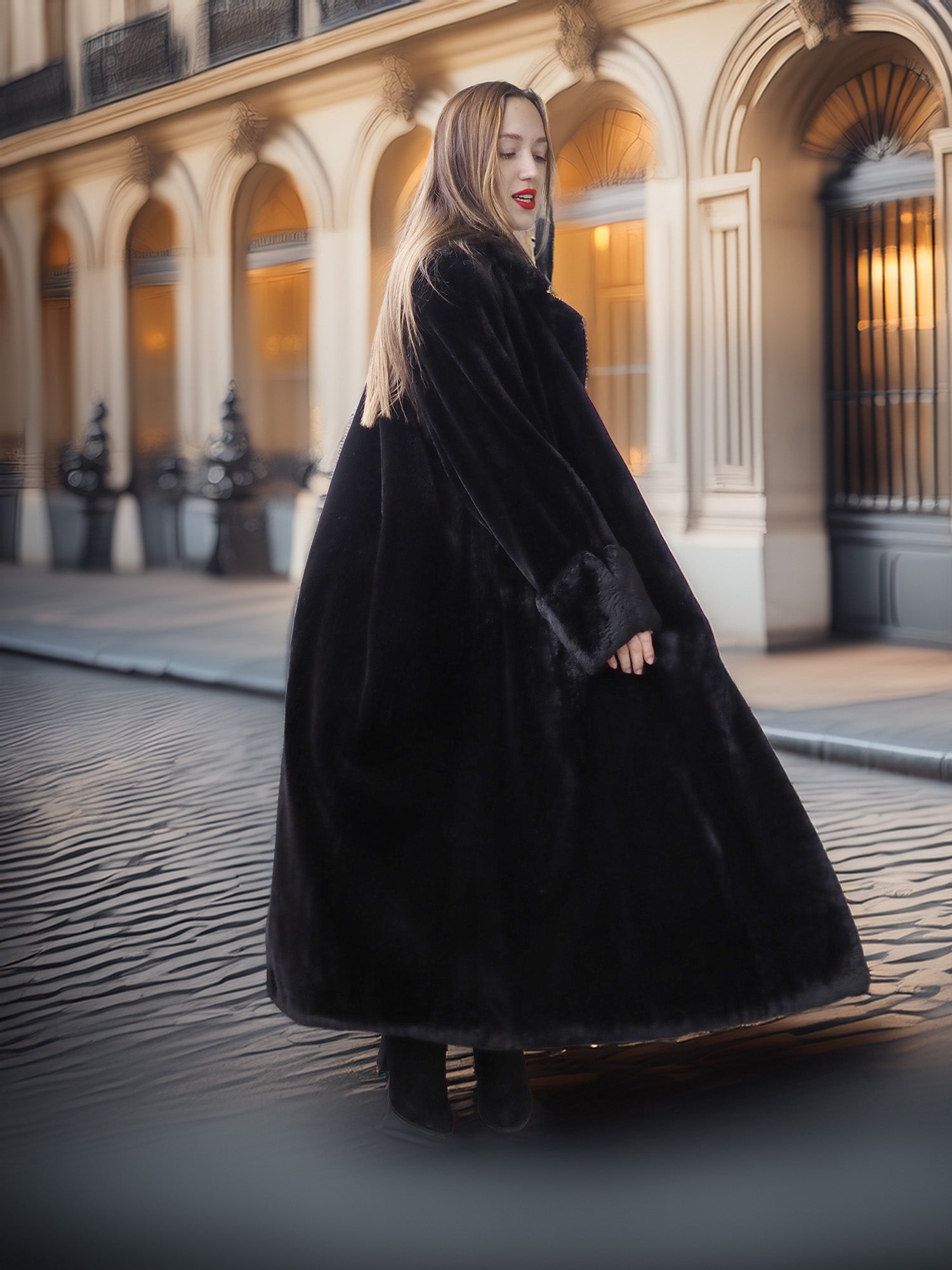 Woman wearing a long black coat in an urban setting with classical architecture.