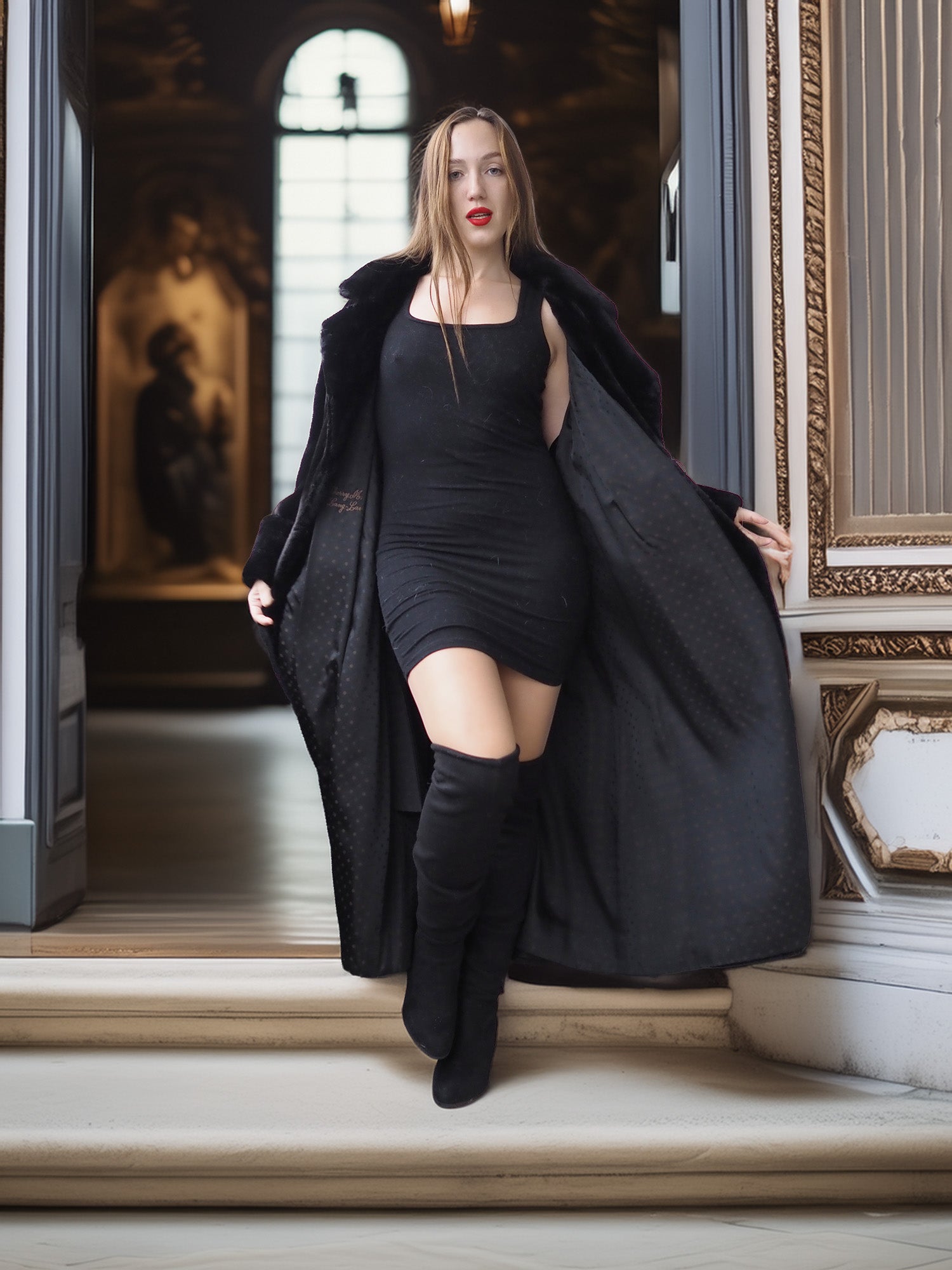 Woman in a black coat and dress standing in an elegant interior setting