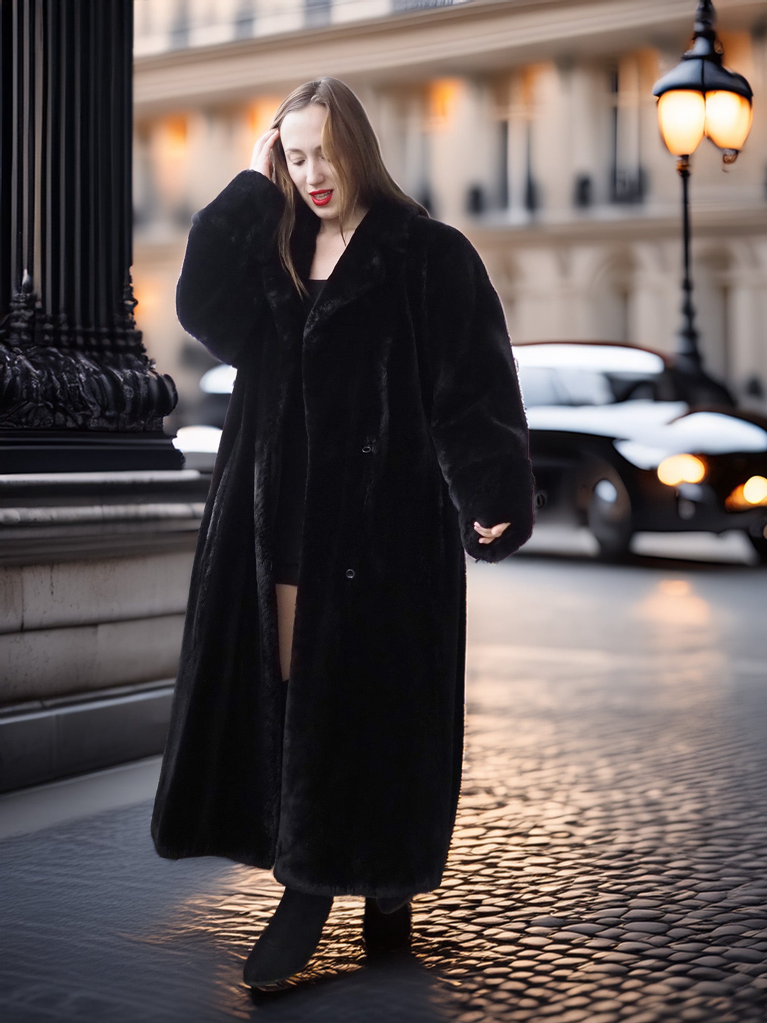 Woman wearing a long black coat on a city street.