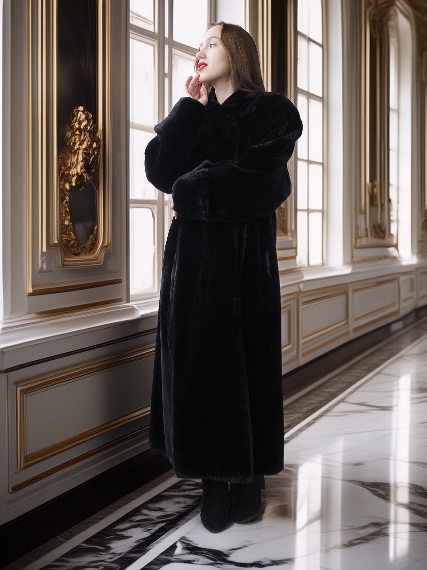 Woman in a black coat standing in an elegant interior setting with marble floors and gold accents.