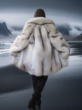 Person wearing a fur coat with a mountainous landscape in the background