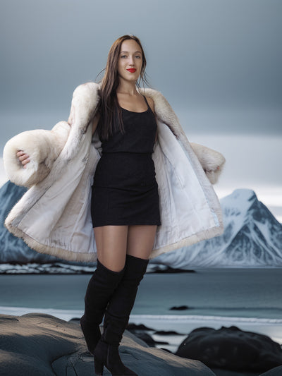 Woman in a fur coat and black dress standing in front of a mountainous landscape