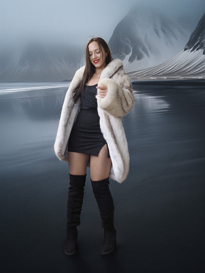 Woman in a white fur coat standing by a lake with mountains in the background