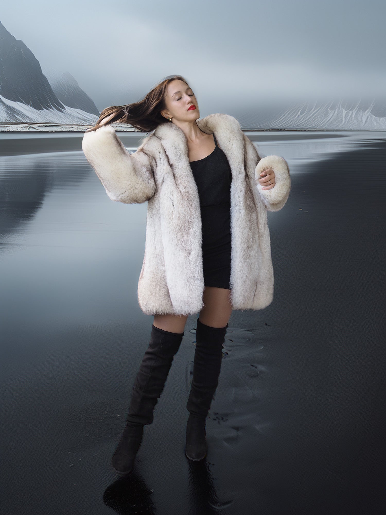 "Arctic Caress" – Pale Blue Fox Jacket - White Satin Lined Winter Allure