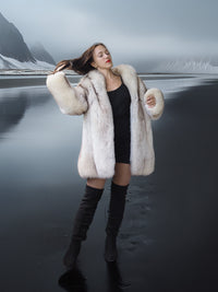 "Arctic Caress" – Pale Blue Fox Jacket - White Satin Lined Winter Allure