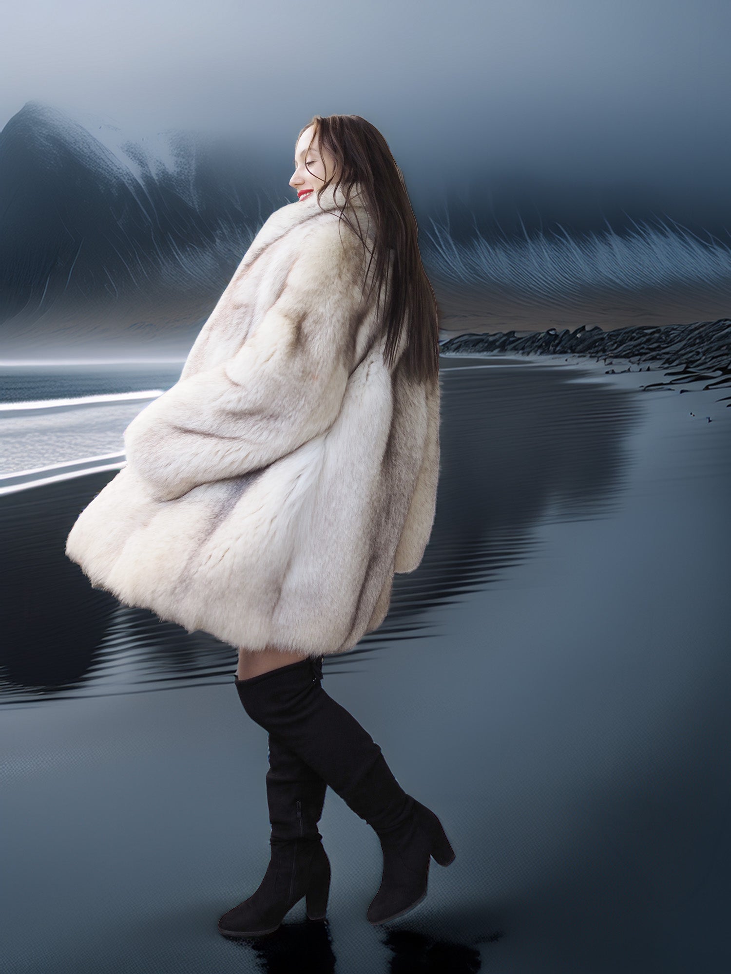 Person wearing a fur coat and boots standing on a reflective surface with a mountainous background
