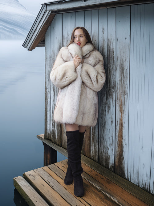 Woman in a fur coat standing on a wooden dock with a blue water background