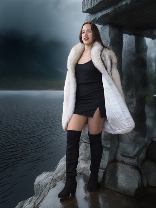 Woman in a white fur coat standing by a lake with a dark sky.