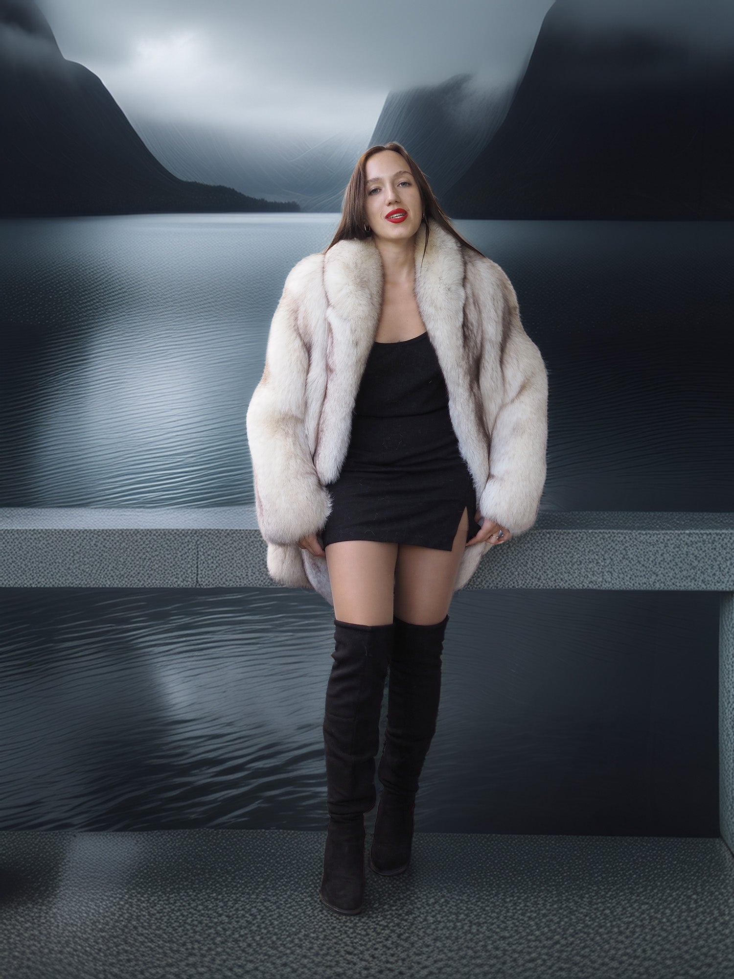 Woman in a fur coat and black dress standing by a lake with mountains in the background