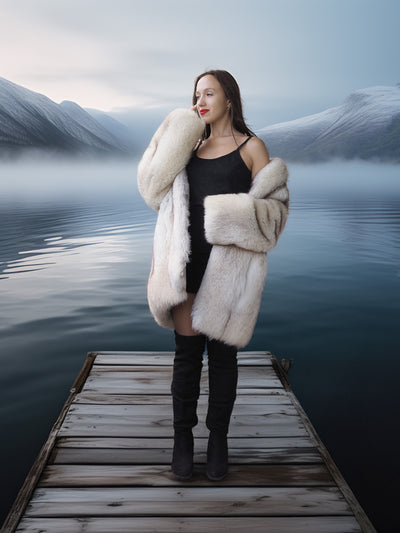 Woman in a fur coat standing on a dock with a mountainous landscape in the background