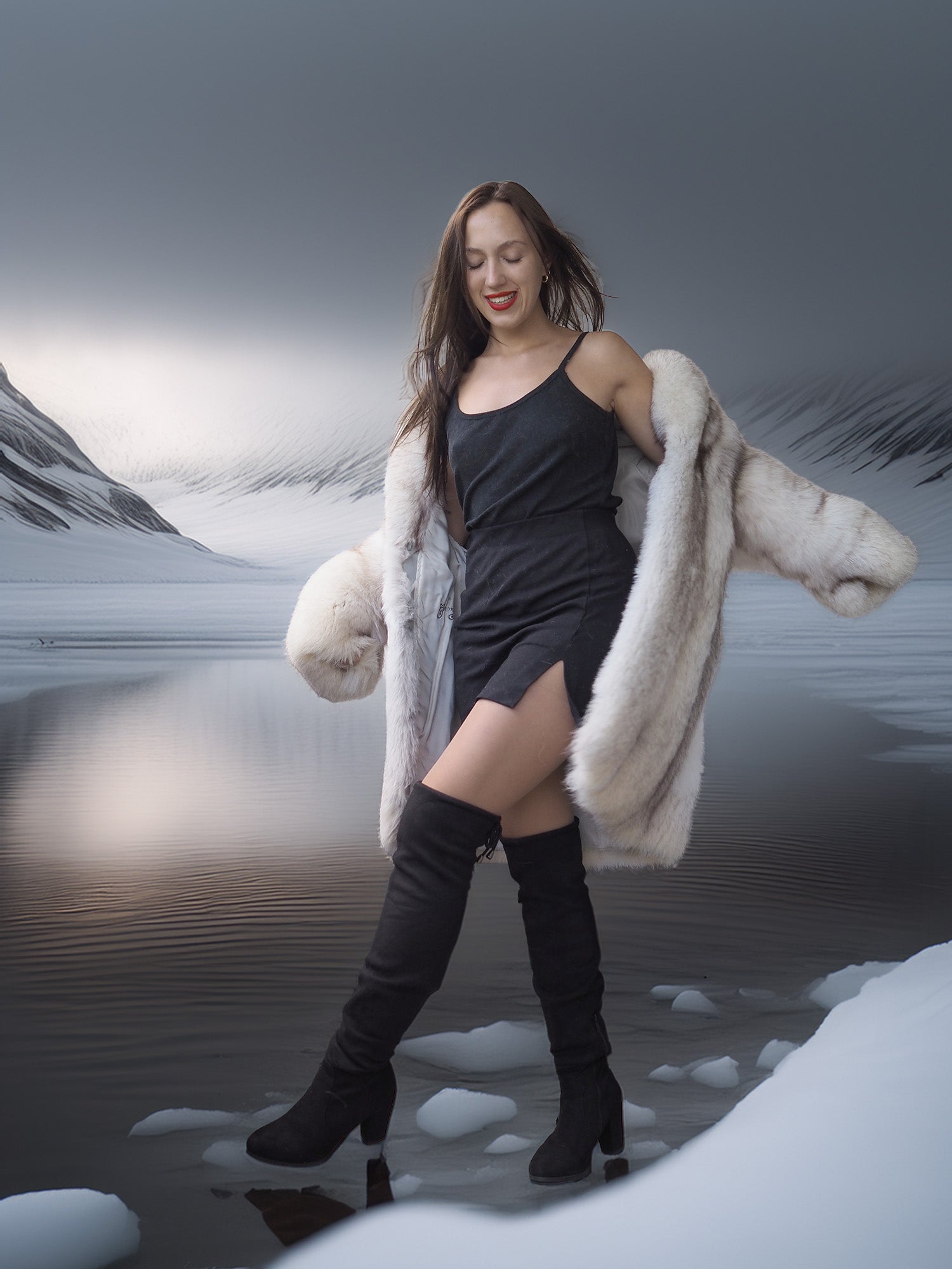 Woman in a fur coat standing in a snowy landscape