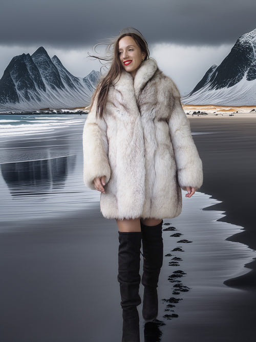 Woman in a fur coat standing on a beach with mountains in the background