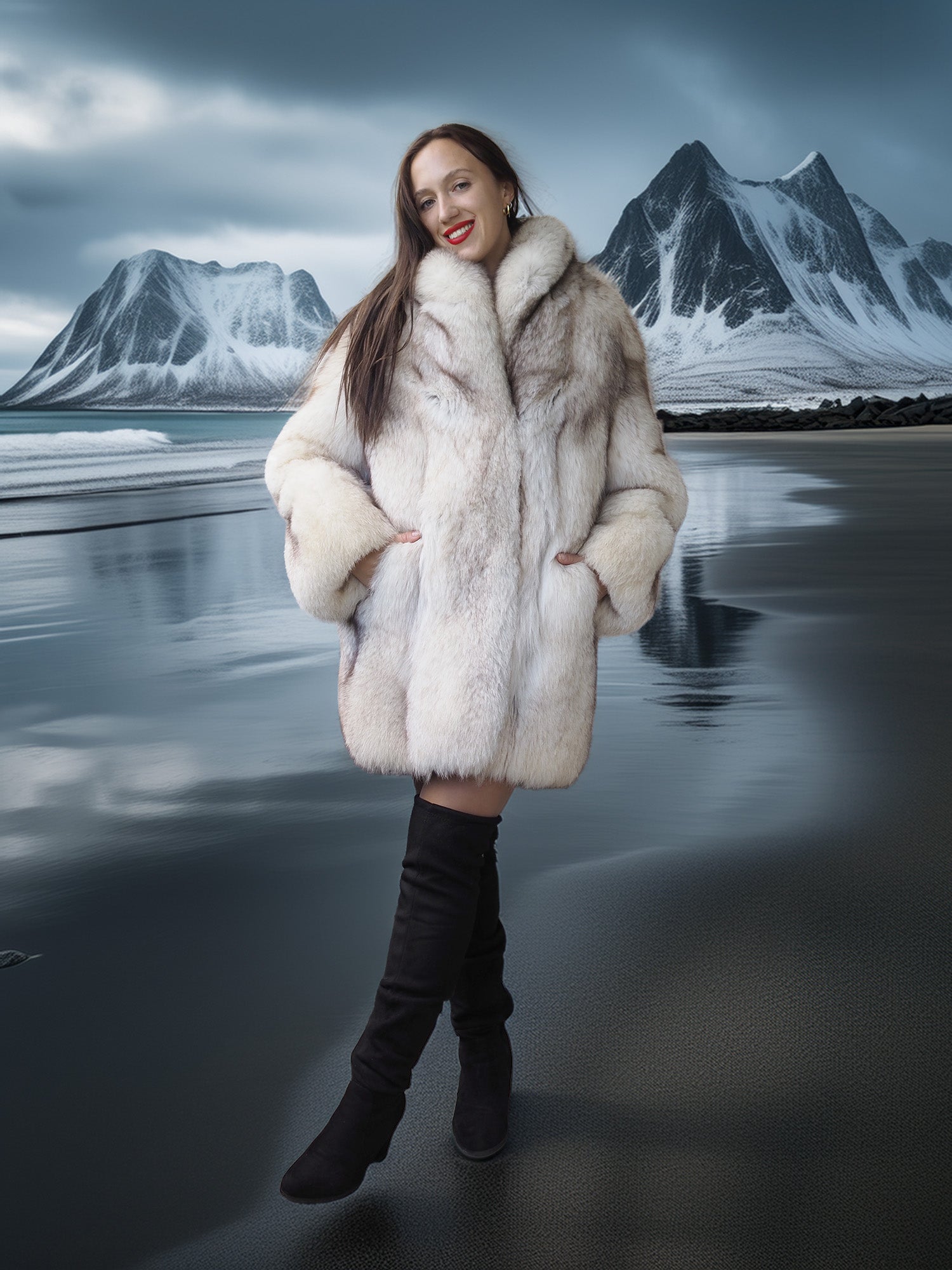 Woman in a fur coat standing in front of a snowy mountain landscape