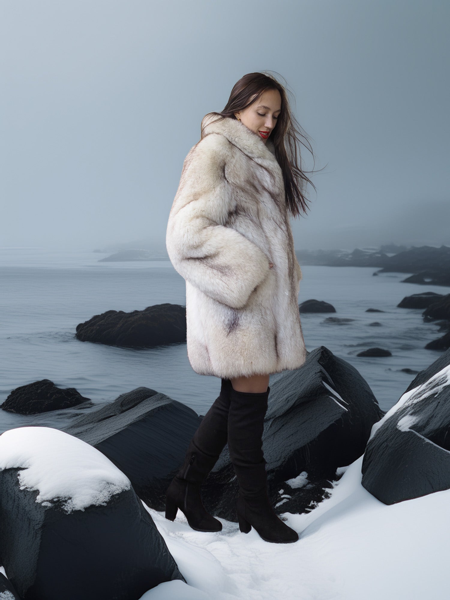 Woman in a fur coat standing on a snowy landscape with rocks and water.