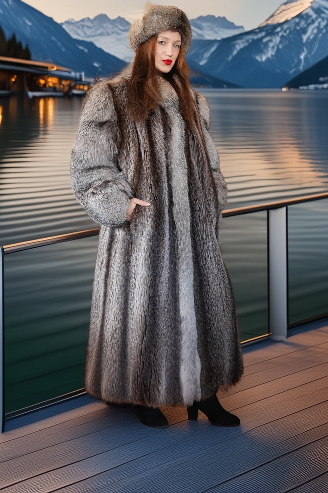 Woman in a fur coat standing on a wooden deck with mountains and water in the background