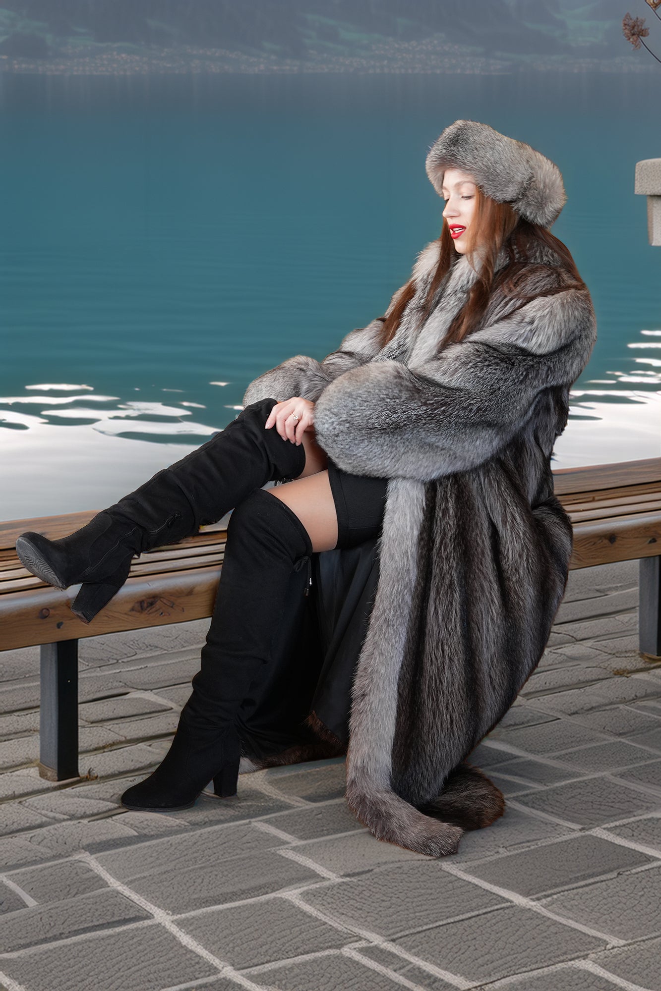 "The Alpine Phantom" – Raccoon Fur Coat with Indigo Fox Collar & Sleeves