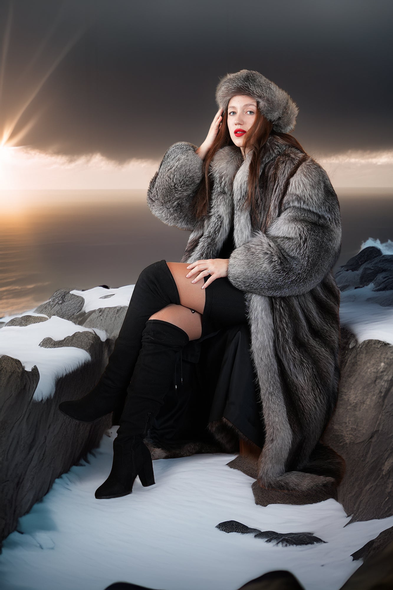 Woman in a fur coat sitting on a snowy landscape with a dramatic sky.