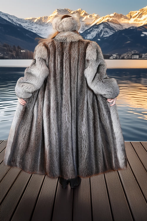 Person wearing a fur coat standing on a wooden deck with mountains and lake in the background