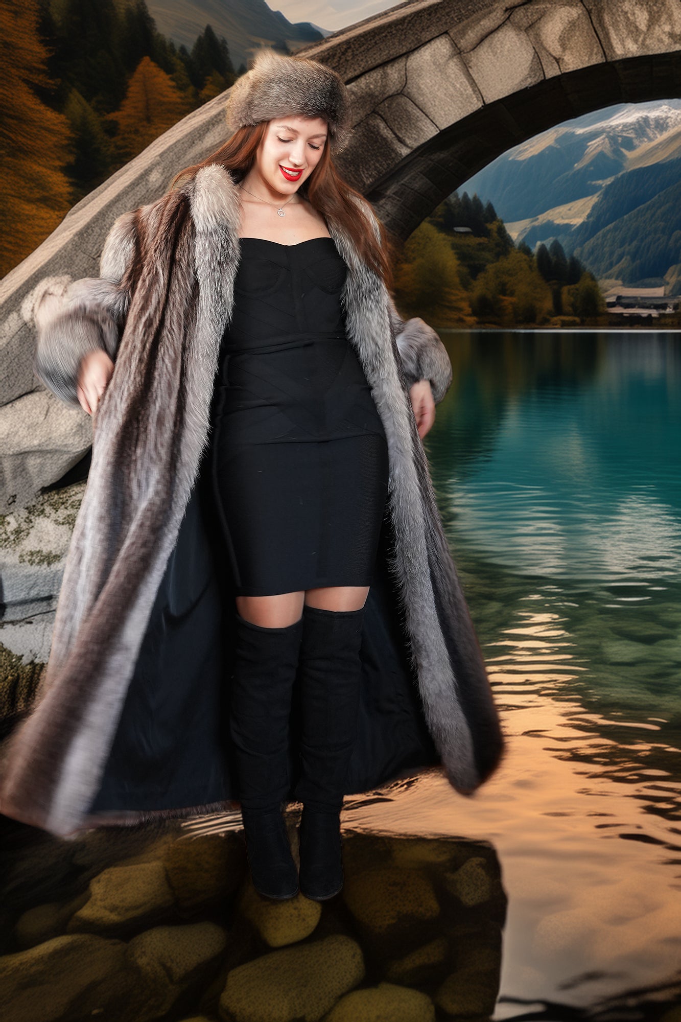 Woman in a long fur coat standing by a lake with mountains in the background