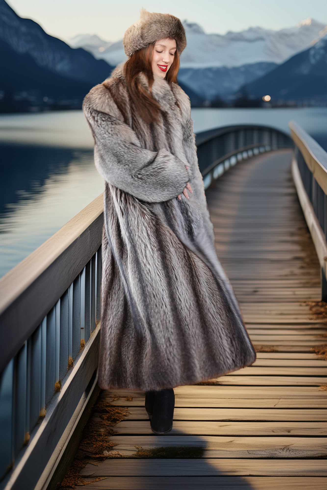 Woman in a fur coat standing on a wooden bridge with mountains in the background