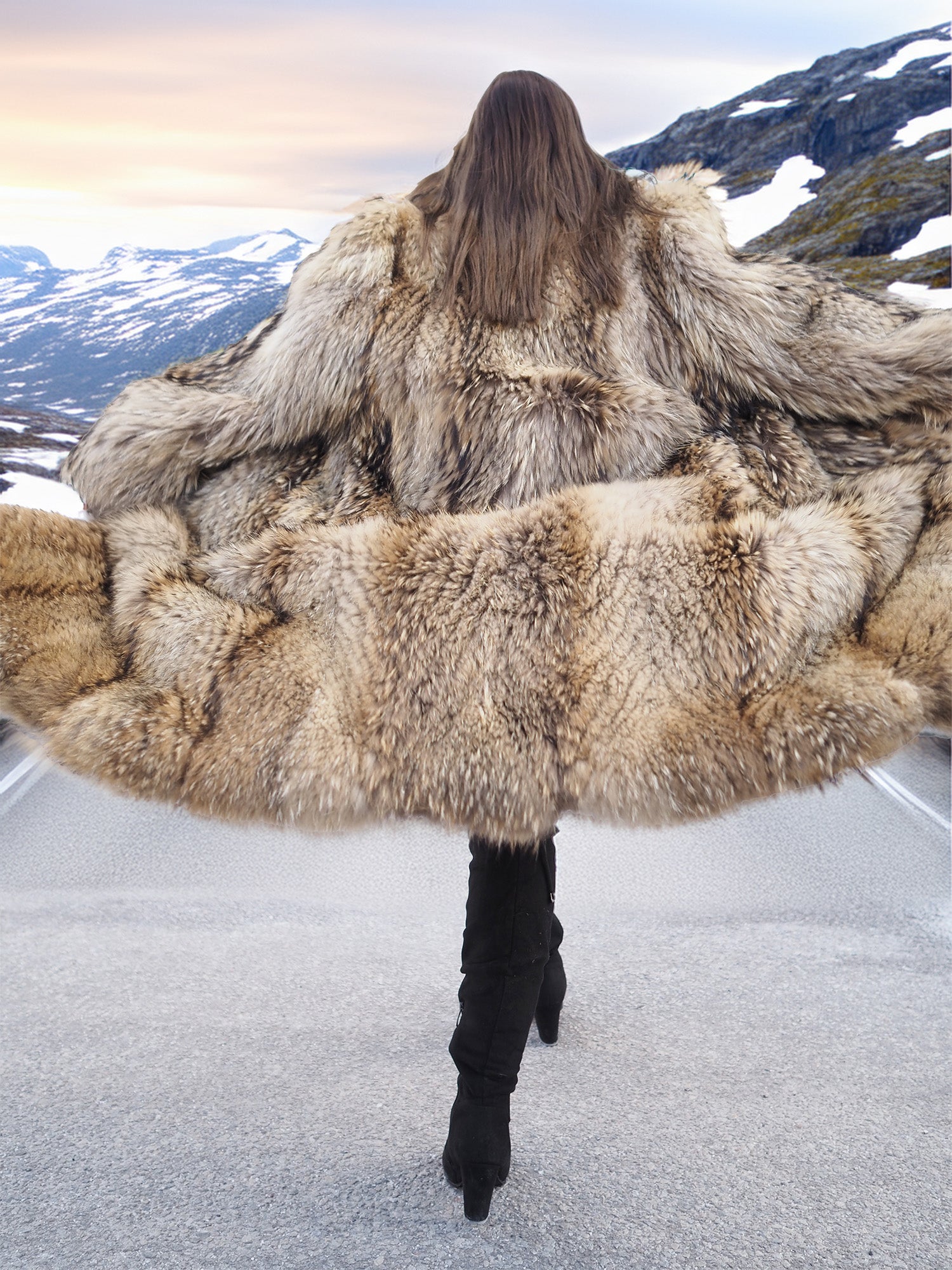 Back view of Finnish Raccoon Fur Coat in motion, showcasing expansive fur volume and dramatic silhouette on mountain road.
