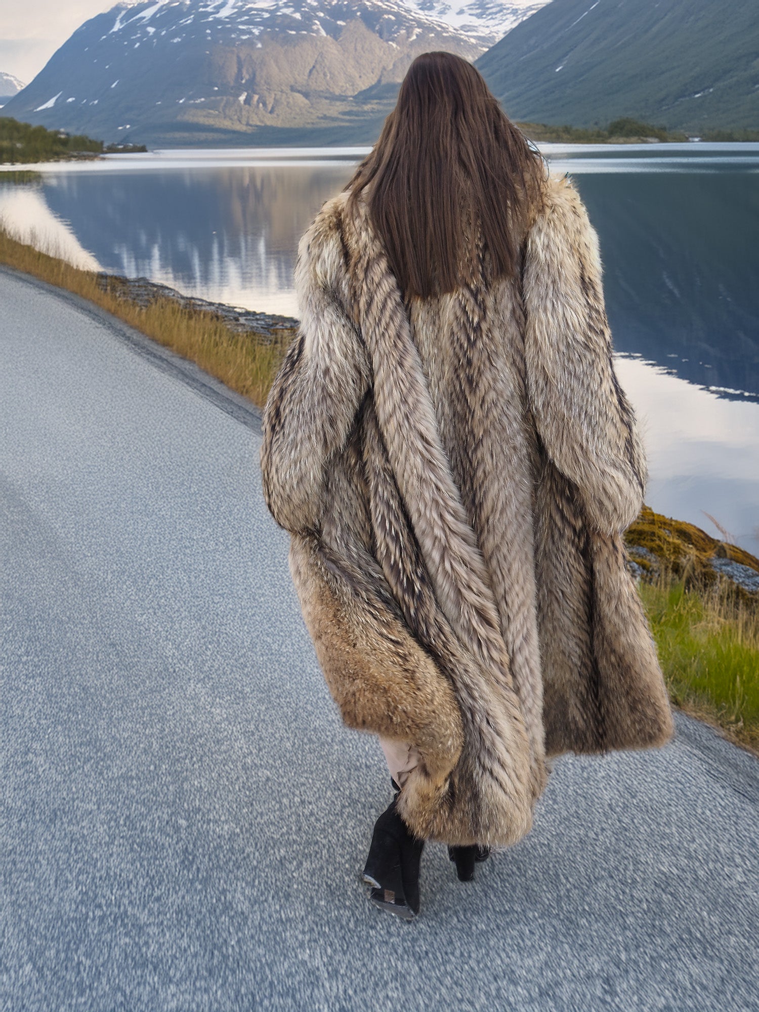 Rear view of Finnish Raccoon Fur Coat with natural fur pattern and shawl collar, worn on scenic lakeside road.