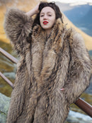 Close-up of Finnish Raccoon Fur Coat highlighting rich texture and voluminous collar, perfect for cold-weather luxury wear.