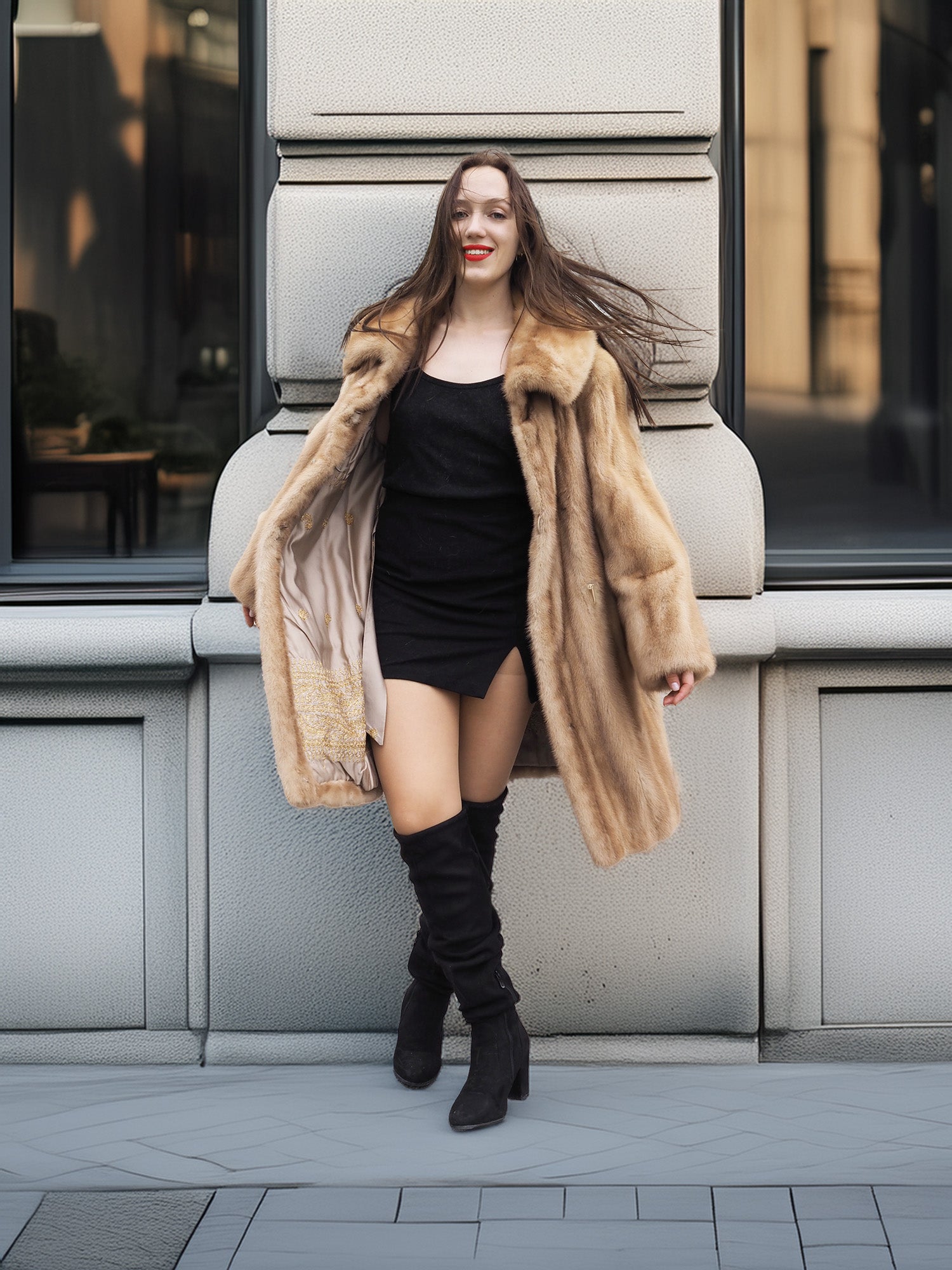 Golden Reverie M - Open mink coat with golden lining, paired with a black mini dress for a glamorous street style look.