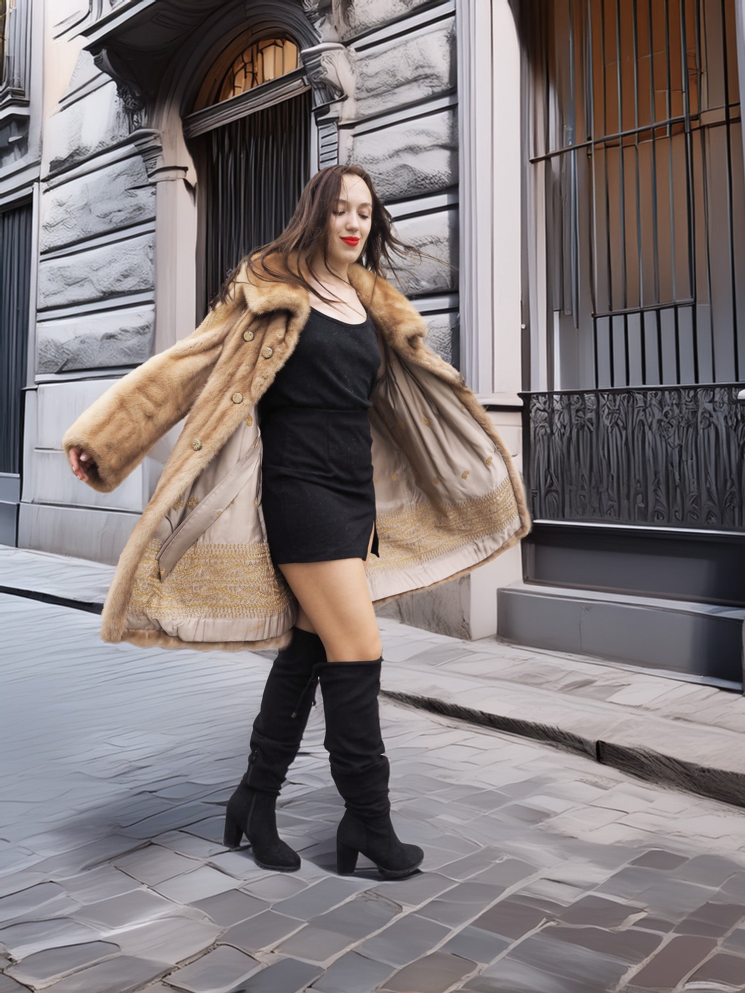 Golden Reverie M - Open mink coat twirling to showcase golden lining and elegant movement in luxury fashion.