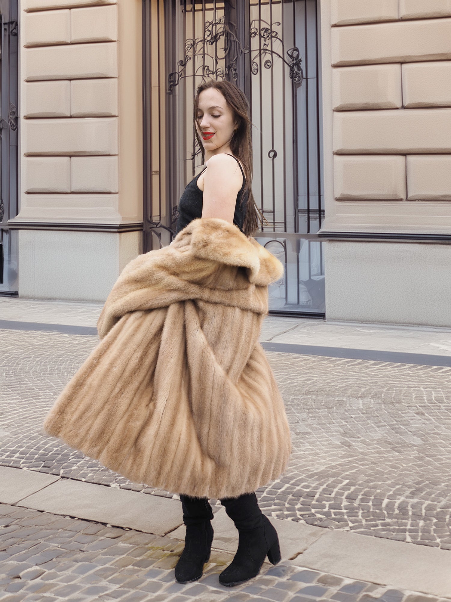 Golden Reverie M - Rear view of vintage mink coat in motion, styled with black boots for a modern twist on classic fur fashion.