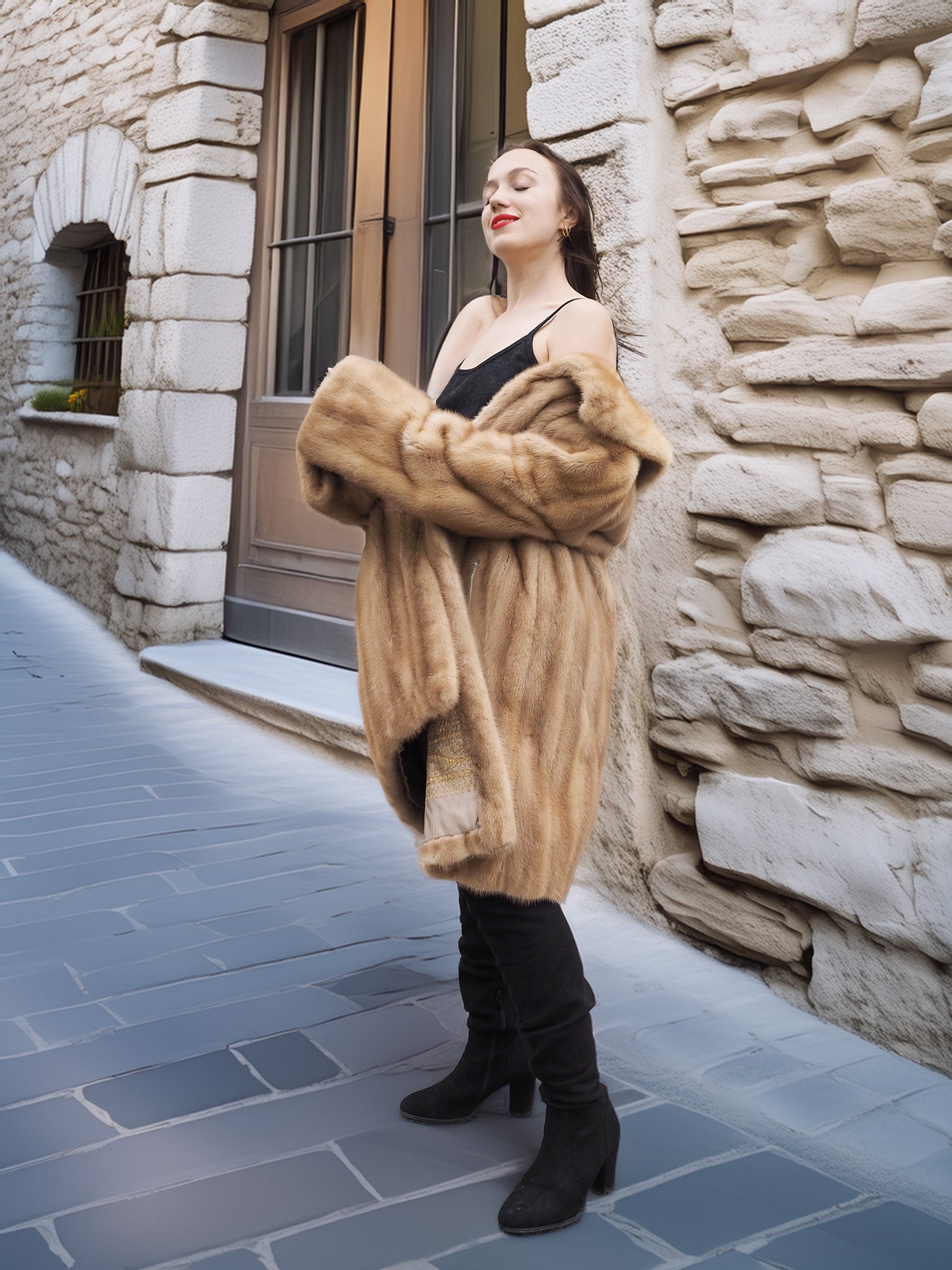 Golden Reverie M - Mink coat draped off shoulders, revealing gold satin interior and black mini dress for a bold fashion statement.