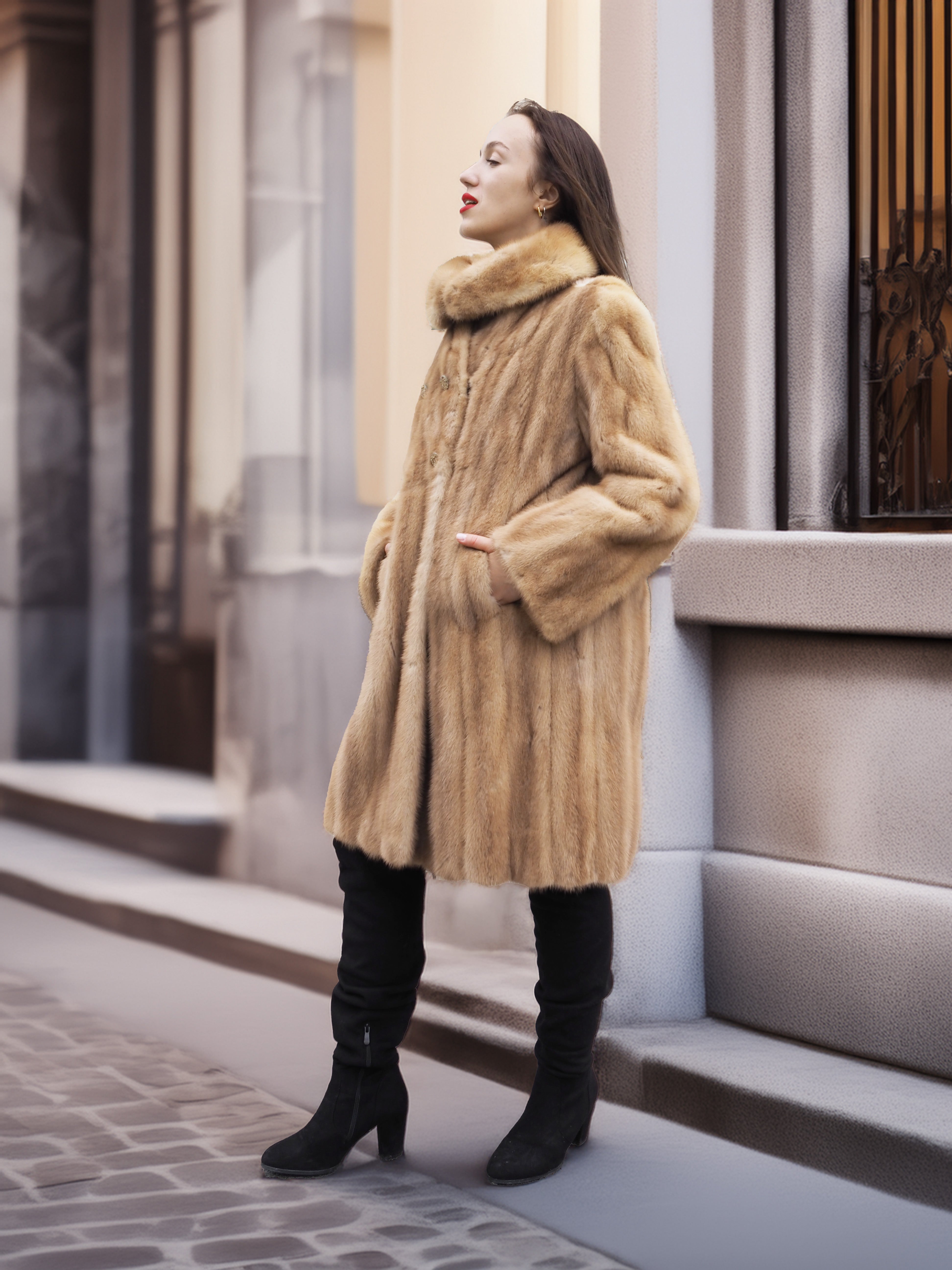 Golden Reverie M - Elegant blond mink coat with structured silhouette, ideal for luxury outerwear collections.