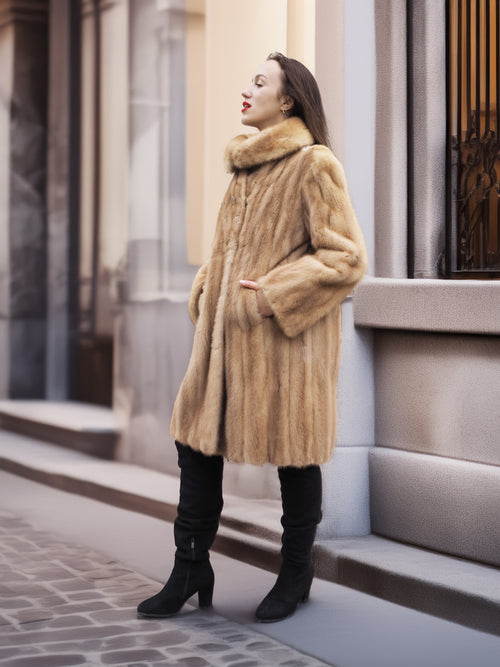 Golden Reverie M - Elegant blond mink coat with structured silhouette, ideal for luxury outerwear collections.