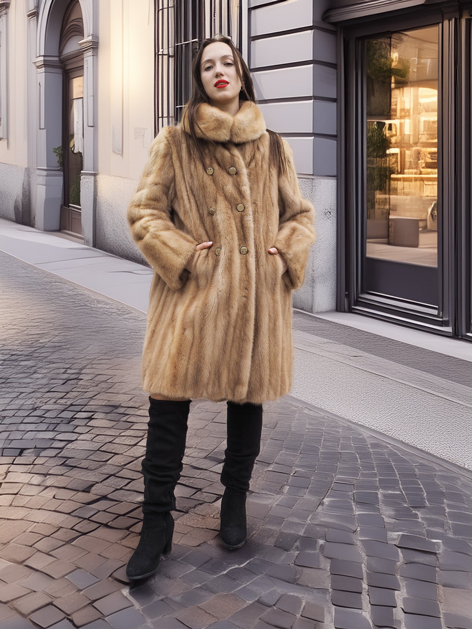 Golden Reverie M - Full-length blond mink coat with gold buttons, styled with black boots for timeless outerwear appeal.