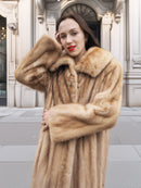 Golden Reverie M - Vintage blond mink coat with high collar and gold buttons, styled for sophisticated streetwear fashion.