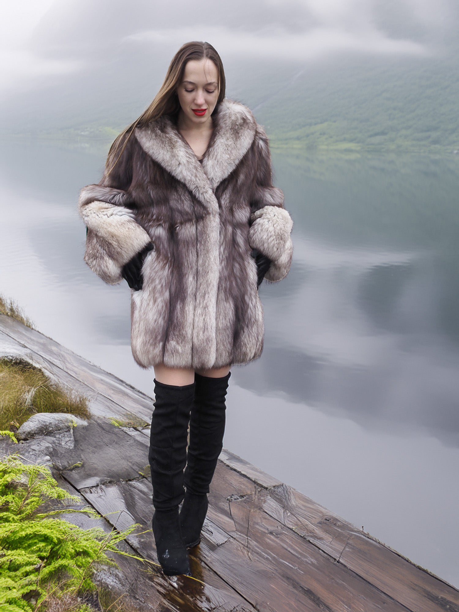 Elegant blue fox fur coat with plush texture and satin lining, modeled on a wooden deck by a foggy lake. Premium winter jacket in M/L size.