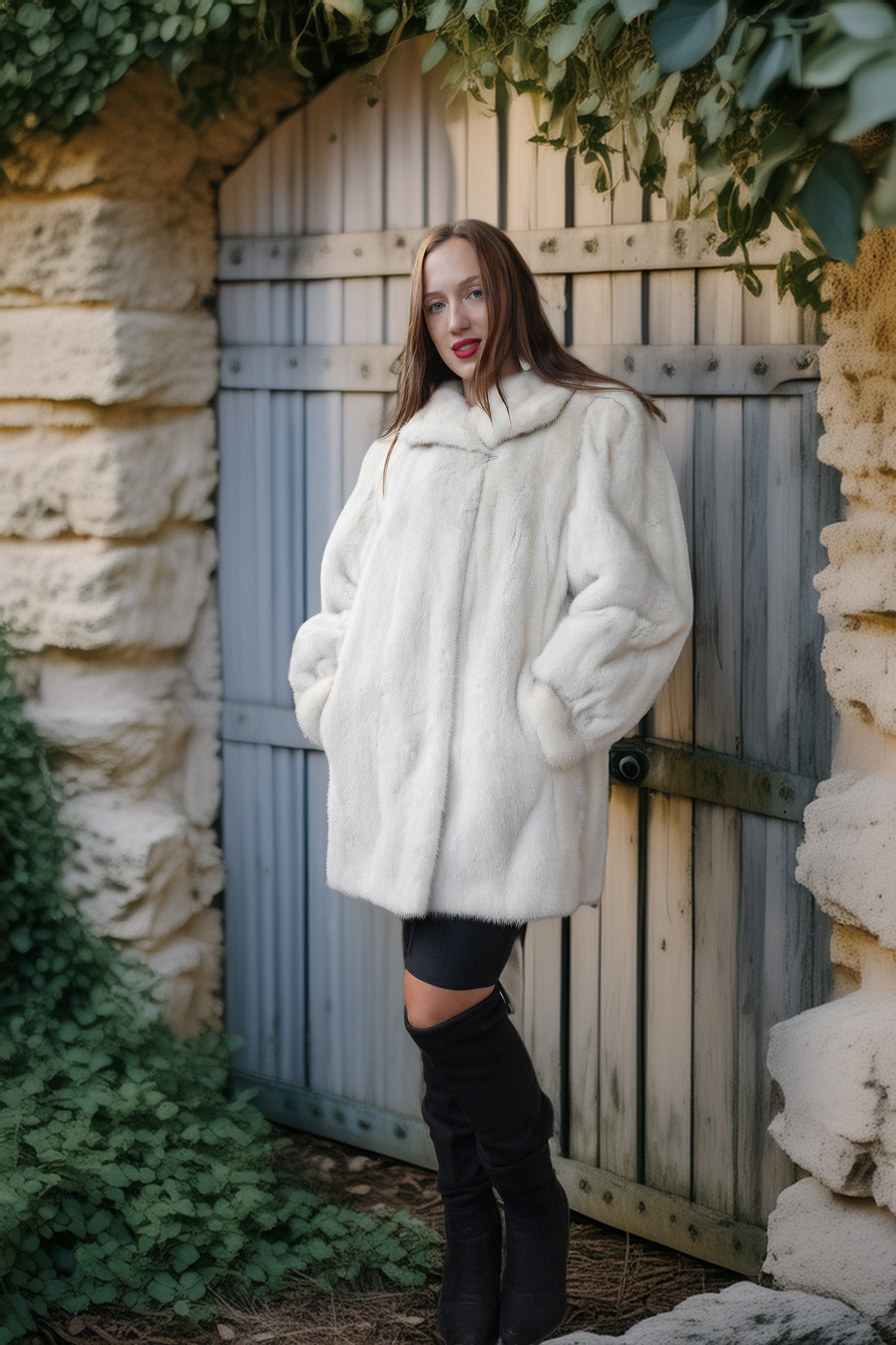 A woman wearing a voluminous white faux fur coat, black leggings, and black over-the-knee boots stands in front of a weathered gray wooden door framed by stone walls and green ivy.