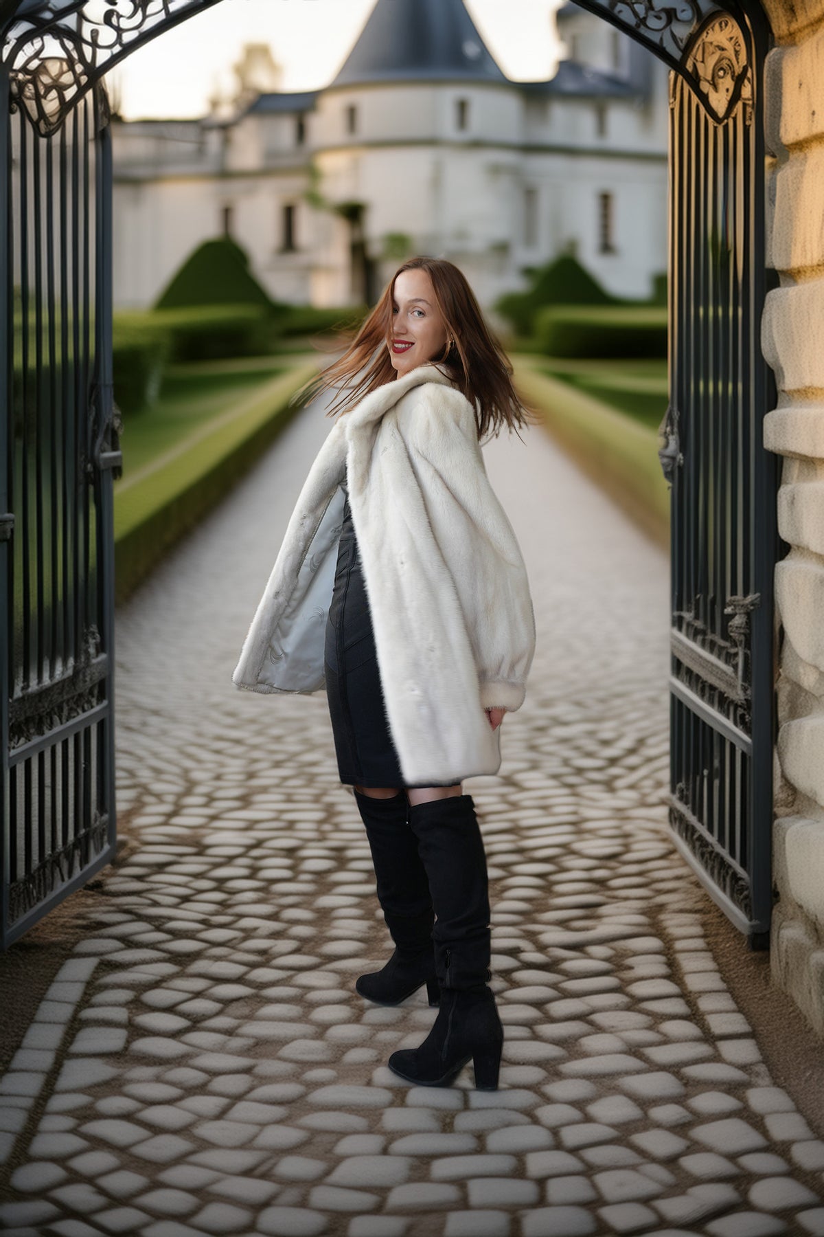 A woman stands in a stone courtyard framed by open black iron gates, wearing a voluminous off-white faux fur coat over a dark dress and black over-the-knee boots. A chateau and manicured hedges are visible in the background.