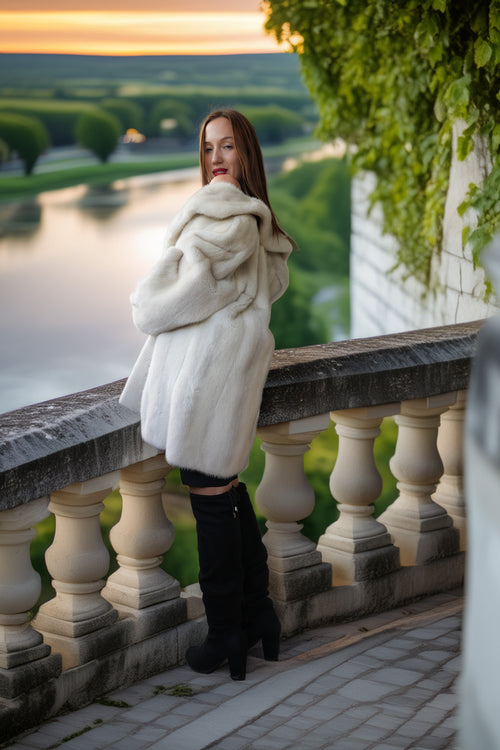 A woman wearing a voluminous white fur coat and black over-the-knee boots stands on a stone terrace overlooking a scenic lake and green landscape at sunset.