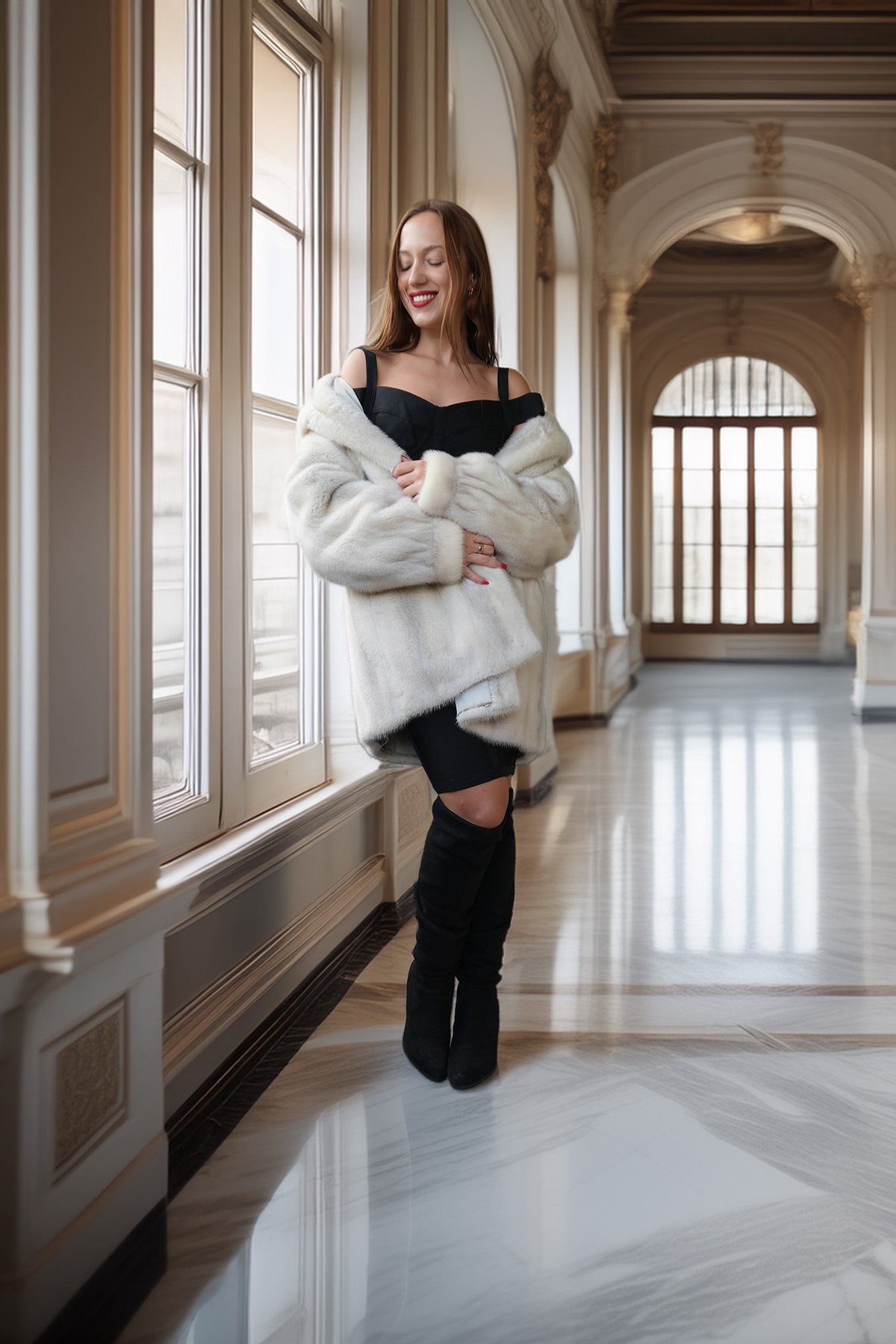 A woman stands in a grand, sunlit hallway wearing a voluminous white faux-fur coat over a black off-the-shoulder top and black thigh-high boots.