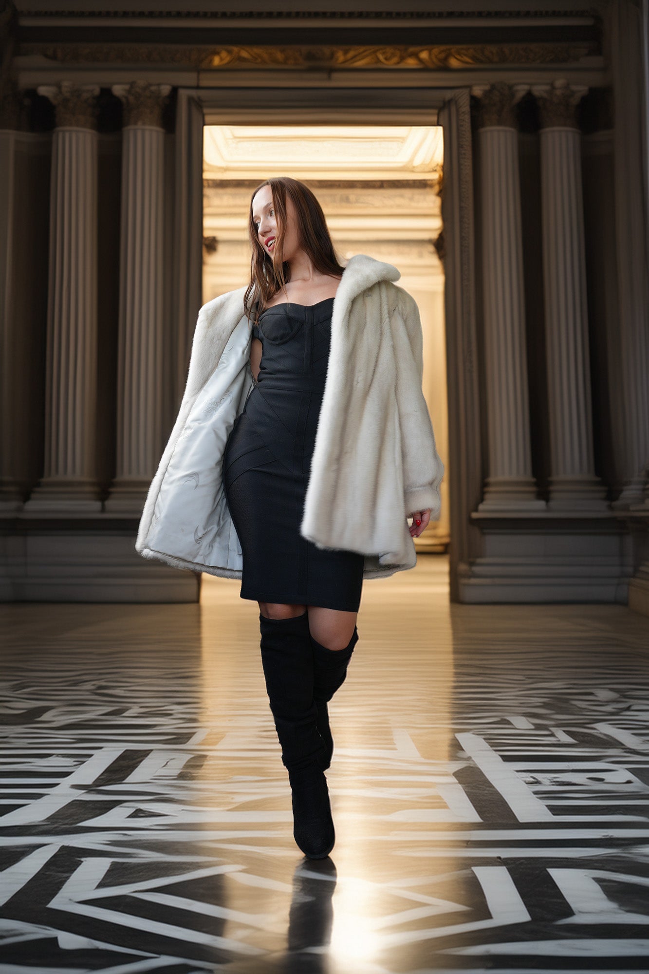 A woman walks through a grand hall with classical columns, wearing a black strapless dress, black thigh-high boots, and an oversized white faux-fur coat.
