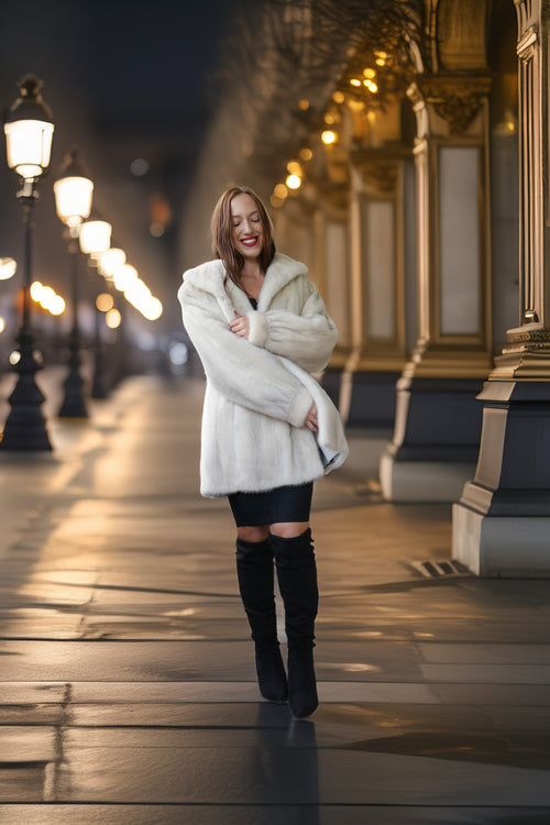 A woman wearing a white faux fur coat, black mini skirt, and black over-the-knee boots walks down a city street at night with warm streetlights and building columns in the background.