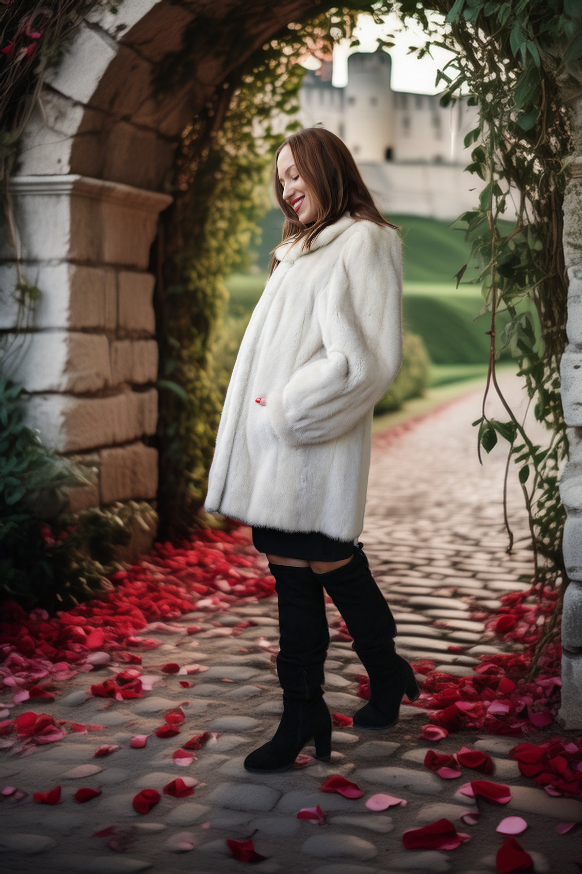A woman wearing a voluminous white faux fur coat, black mini skirt, and black over-the-knee boots stands in a stone archway with red rose petals on a cobblestone path, with a castle in the background.