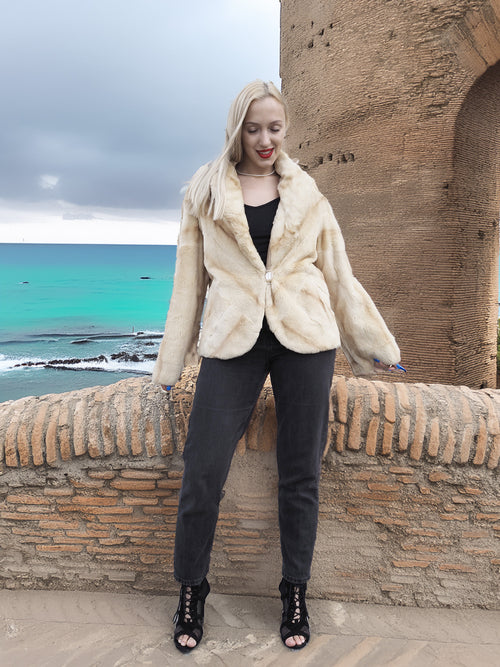 Reversible Versatile Sheared Mink Fur Jacket Coat S in natural mink fur, worn with black heels, styled on a scenic coastal terrace.