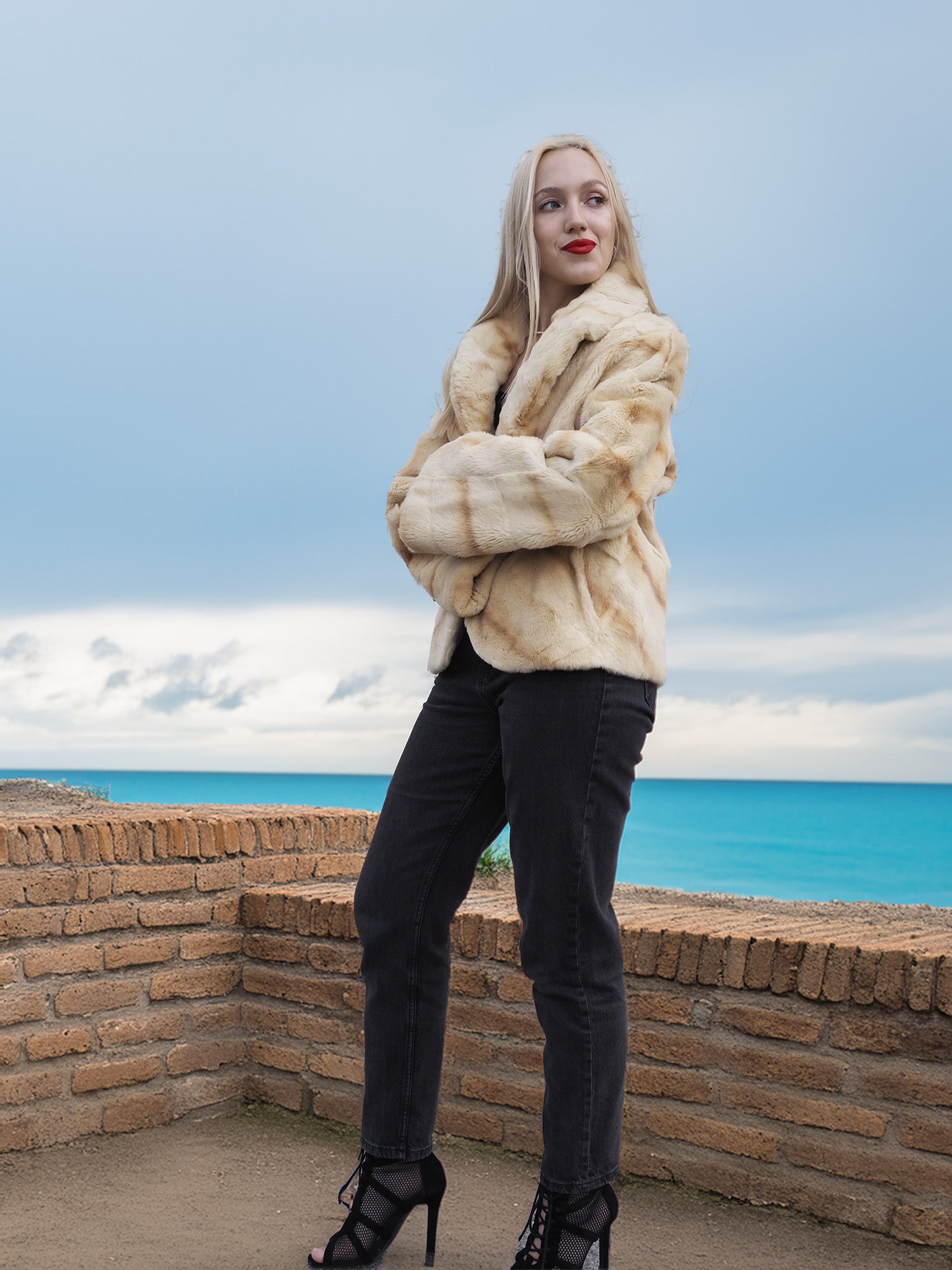 Reversible Versatile Sheared Mink Fur Jacket Coat S in light mink fur, styled with black heels and jeans by ocean view.