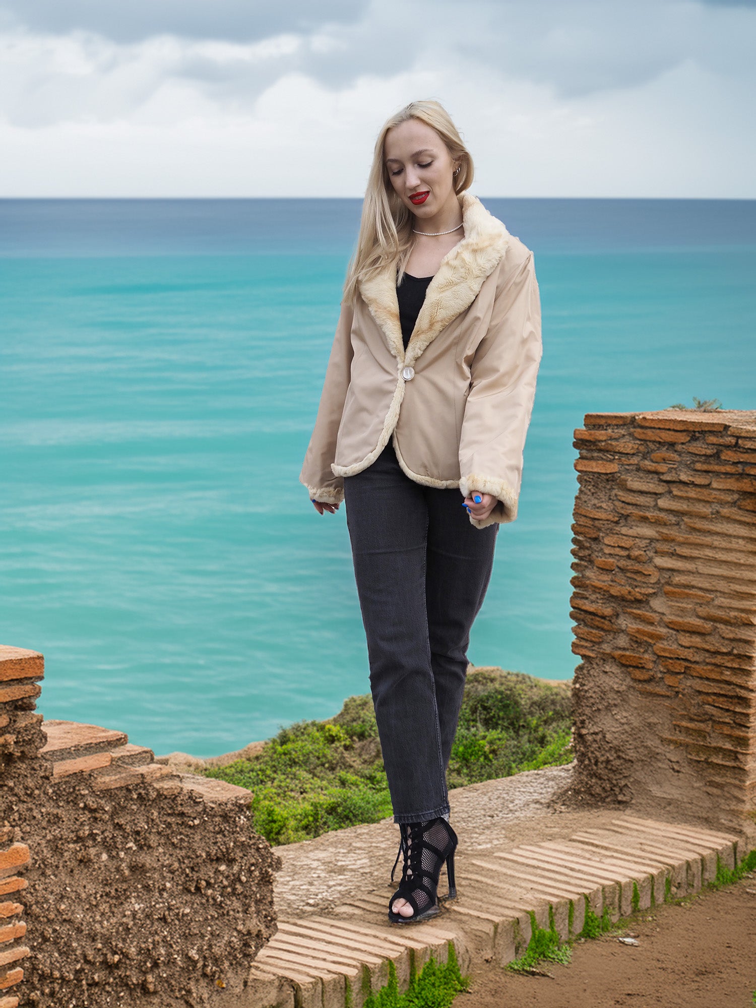Reversible Versatile Sheared Mink Fur Jacket Coat S reversed to beige fabric side with mink trim, modeled by sea cliffs.